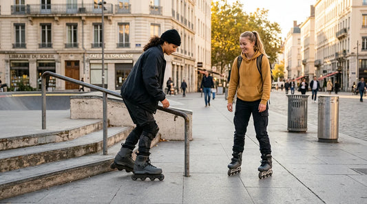 Comparaison visuelle entre un patineur en roller agressif et un patineur en freeskate en milieu urbain