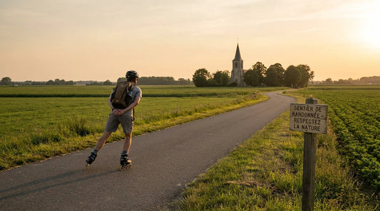 Patineur en roller sur une piste lisse traversant la campagne plate de Belgique au coucher du soleil