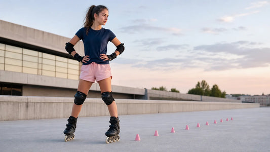 Jeune patineuse en roller devant des plots de slalom