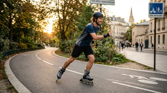 Pratiquant de roller en ligne glissant sur une voie urbaine au coucher du soleil