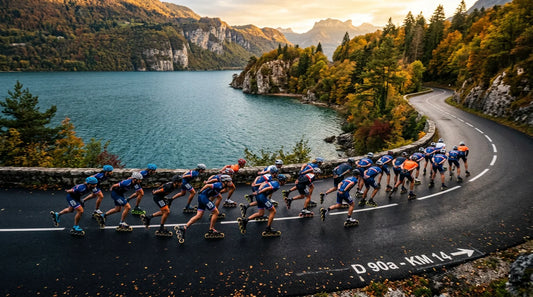 Peloton de patineurs de roller de vitesse au bord d'un grand lac