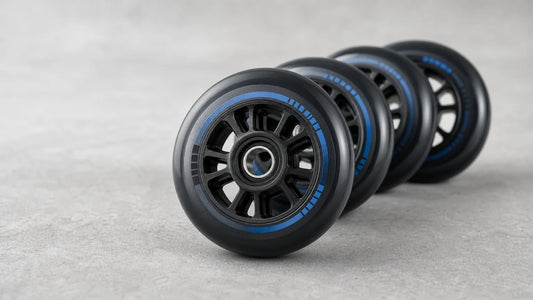 Roues de roller en polyuréthane présentées en gros plan sur une surface neutre.