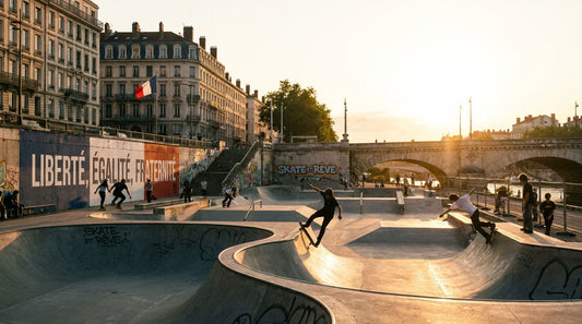 Skatepark urbain en France avec des patineurs en action au coucher du soleil