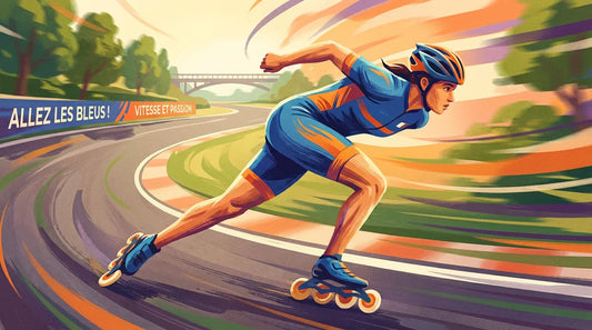 Patineur en roller de vitesse exécutant une double poussée sur une piste extérieure