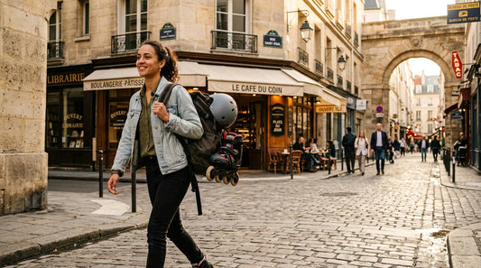 Rider marchant en ville avec un sac à dos pour roller et ses patins fixés à l'extérieur