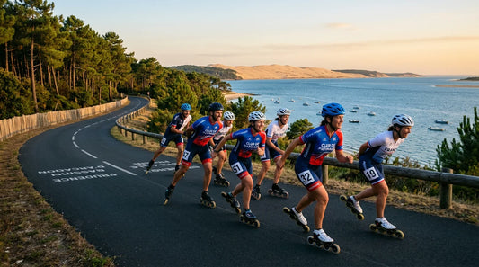 Groupe de patineurs en roller longeant le bassin d'Arcachon au coucher du soleil