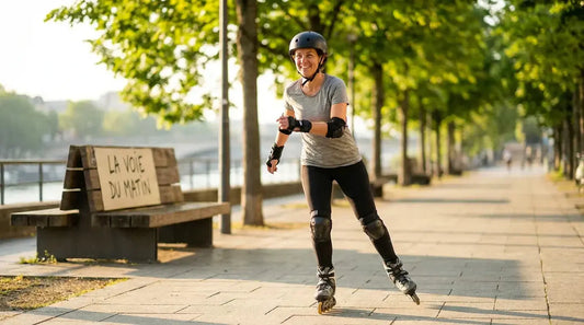 Patineur en roller en ligne équipé de protections sur une voie urbaine lisse bordée d'arbres