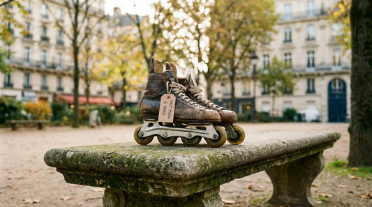 Paire de rollers en ligne posée sur un banc dans un parc urbain en France