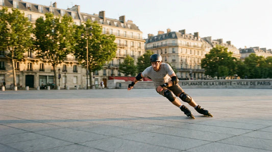 Patineur en roller freeride glissant sur une esplanade urbaine française au coucher du soleil