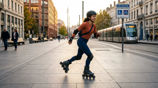 Femme pratiquant le roller freeride en ville en France au coucher du soleil