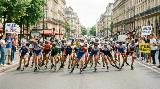 Peloton de patineurs en roller de vitesse en compétition sur route
