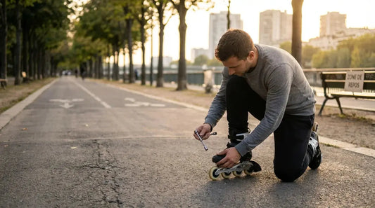 Patineur vérifiant les roues de ses rollers en ligne sur une piste urbaine