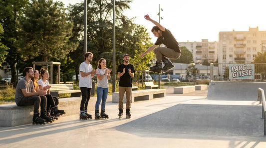 Groupe de patineurs de roller freestyle dans un skatepark français au coucher du soleil